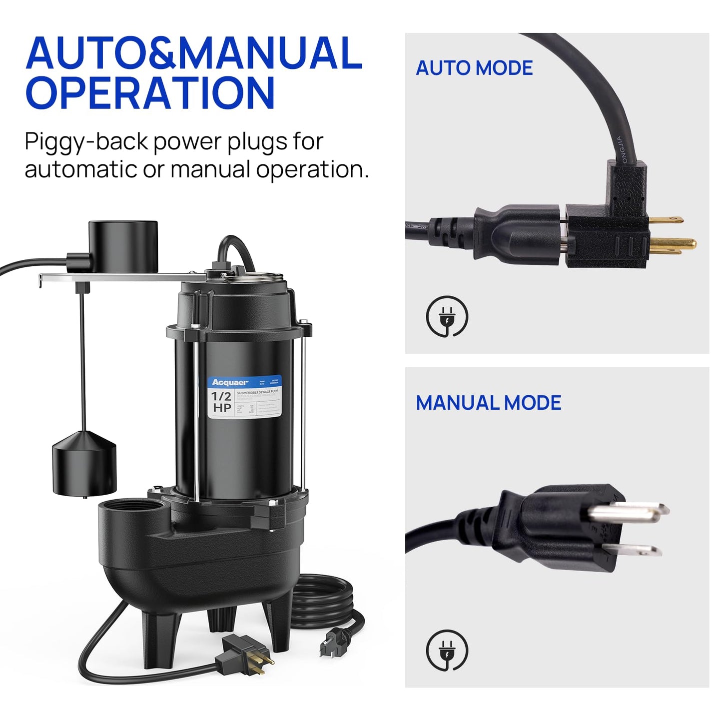 Acquaer Sewage Pump, Cast Iron, Automatic Tethered Float Switch, Sewage Effluent Pump for Sump Basin, Basement, Residential Sewage, 2'' NPT Discharge, Deep Black