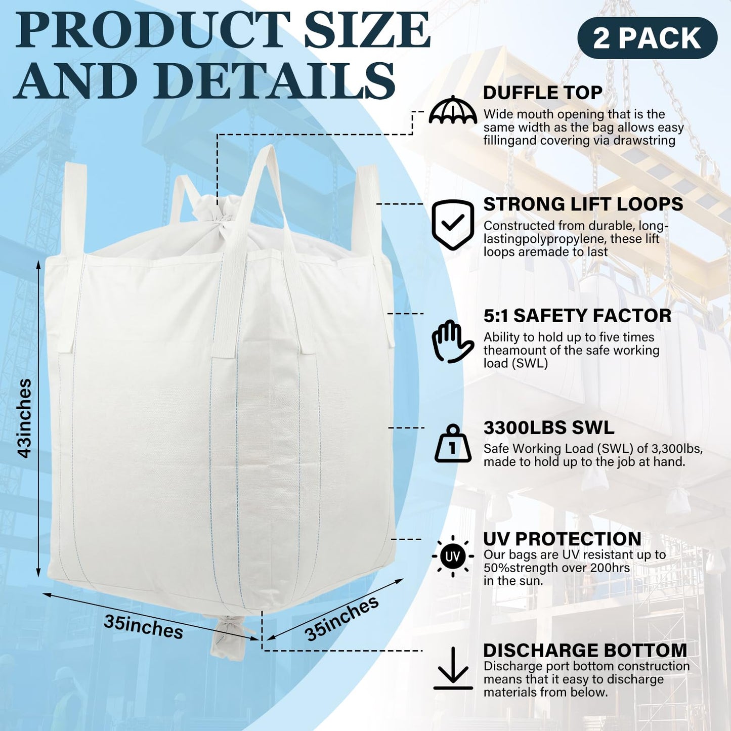 Aliceset 2 Pcs FIBC Sack Bag Bulk 1.5 Ton Bag 3300lbs SWL 35"L x 35"W x 43"H Heavy Duty Large Sand Sacks with Duffle Bottom Handle Polypropylene for Industrial Agriculture Transport Construction