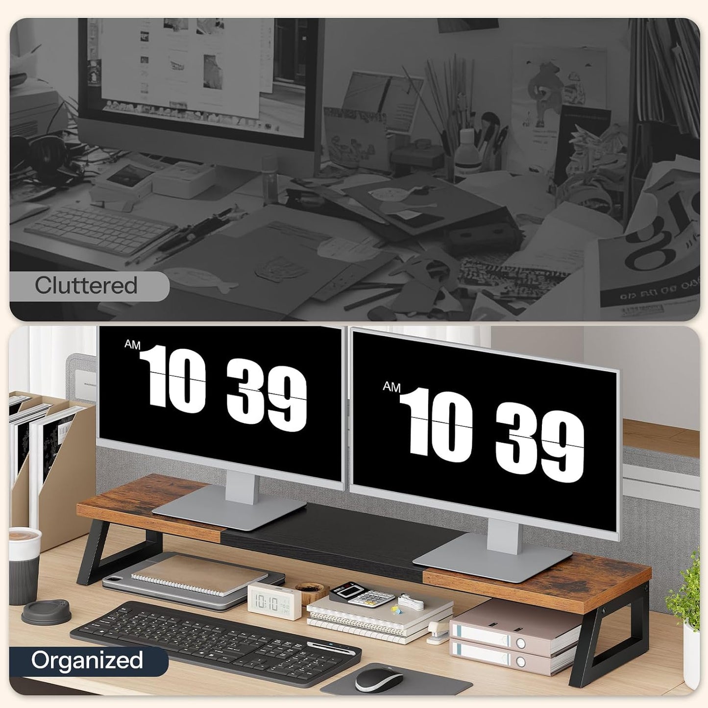 39 Inch 2 BF121CJ01 HOOBRO Dual Monitor Stand Riser, Large Computer Monitor Stand for Monitors, Computer Monitor Riser