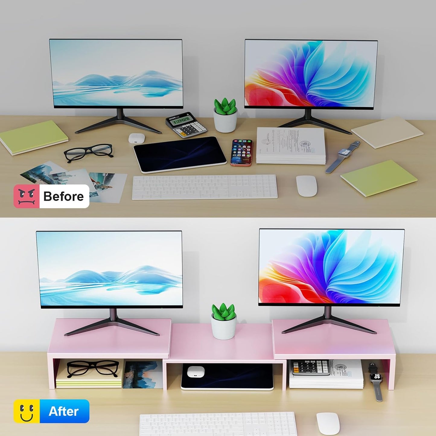 Desk Organizers and Accessories, Dual Monitor Stand Riser, Monitor Desk Shelf for Desktop Organization (Pink)