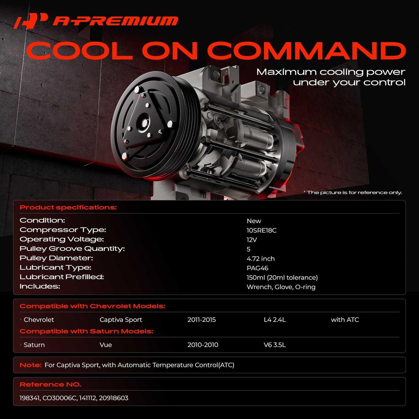 A-Premium Air Conditioner AC Compressor with Clutch Compatible with Chevrolet Captiva Sport 2.4L 2012-2015, Saturn Vue 3.5L 2010