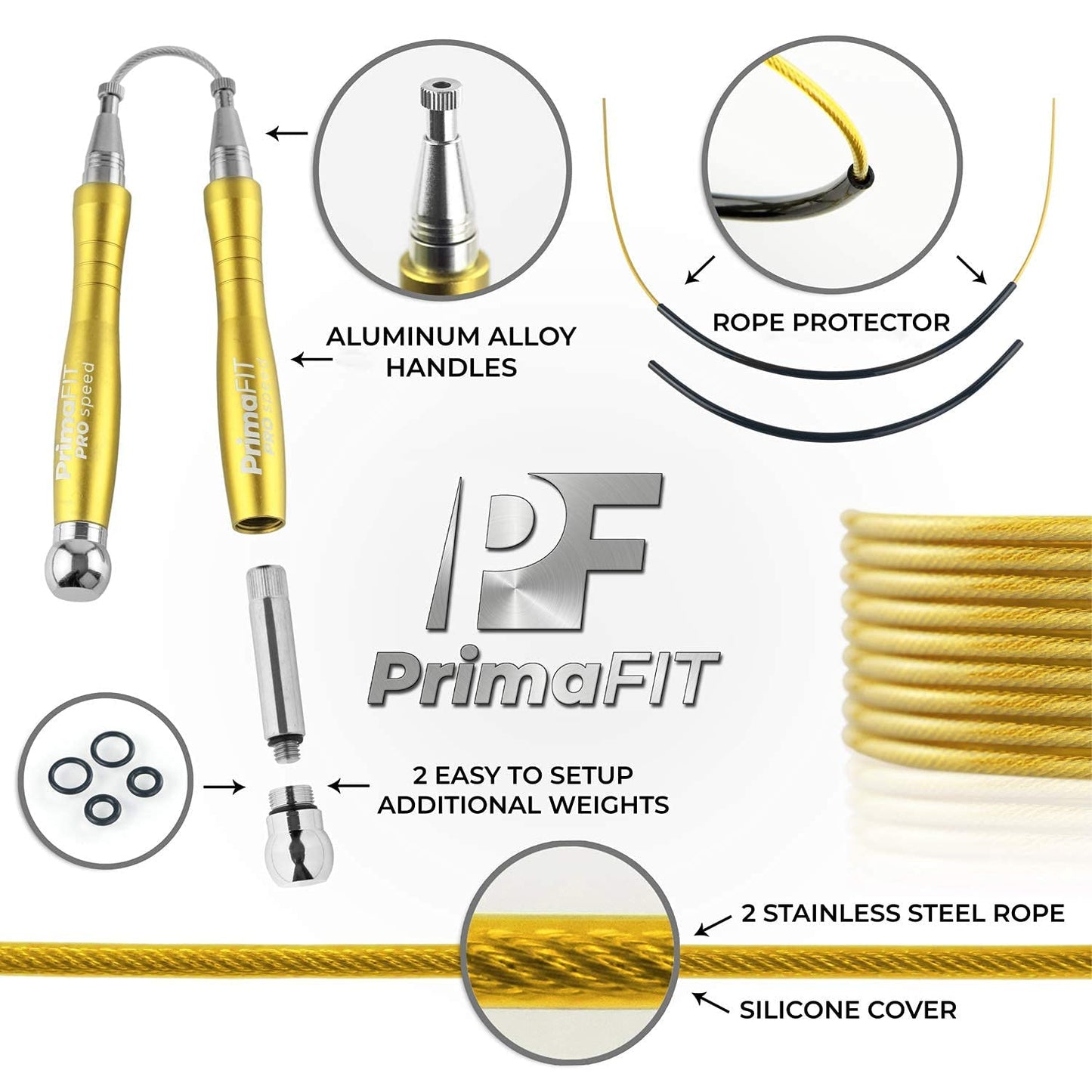 PrimaFIT Jump Rope Pro Speed Skipping Rope Adjustable Adult Jumping Rope Weighted Aluminium Handles for Double Dutch Boxing Workout Crossfit Exercise Fitness Spare Cable Weights Protectors Carry Bag