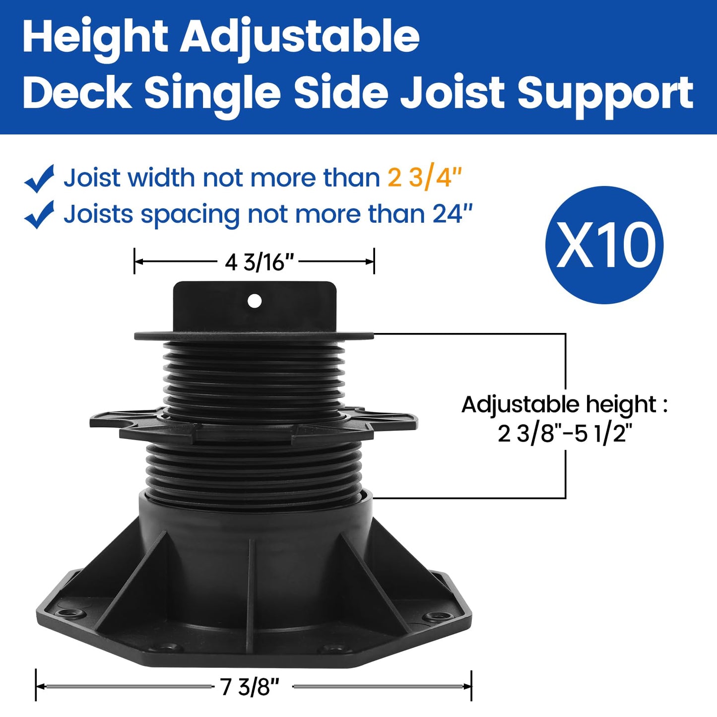 Muzata 10Pack Raising from 2.4" to 5.5" Adjustable Deck Support Pedestal Paver Flooring Joist Unilateral Keel Deck Support Base M065