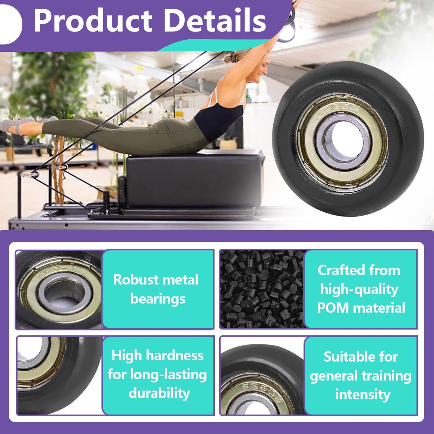 4 PCS Black Roller Wheels Replacement Compatible with Aero Pilates Reformer, Pilates Reformer Machines Wheels, Smooth and Quiet Sliding