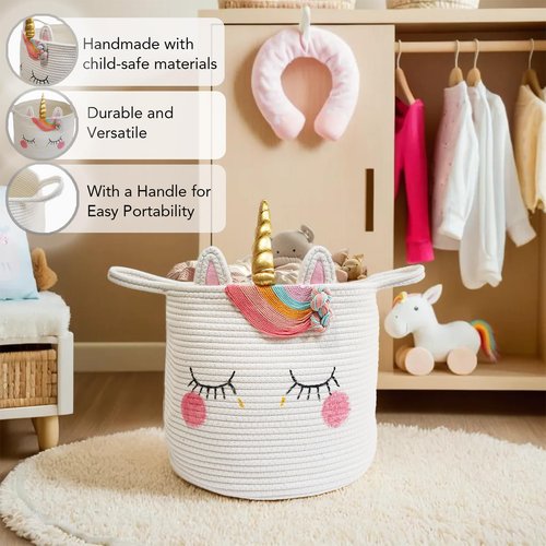 Large Unicorn Woven Basket with Handles - Toy Storage Bin, Baby Gift & Animal Nursery & Cute Laundry Basket, for Clothes, Towels, Toys (Unicorn)