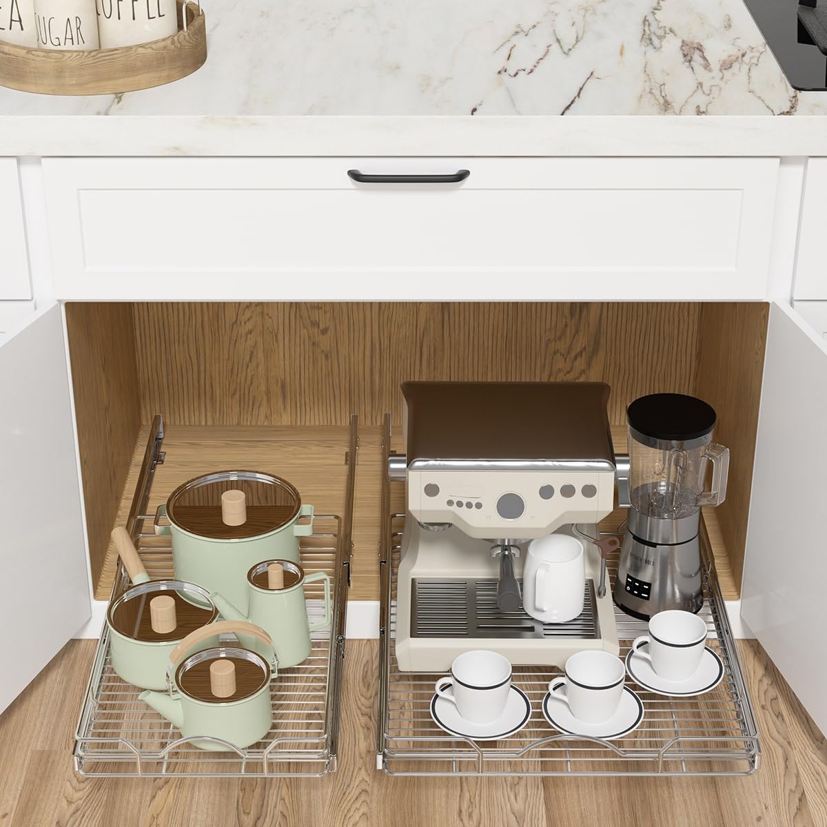 OCG Pull Out Cabinet Organizer 2 Pack (15" W x 21" D), Pull out Shelves 1 Tier, Cabinet Slide Out Shelves for Base Cabinet Organization in Kitchen Bathroom Pantry, Bottom Mount, Chrome Finish