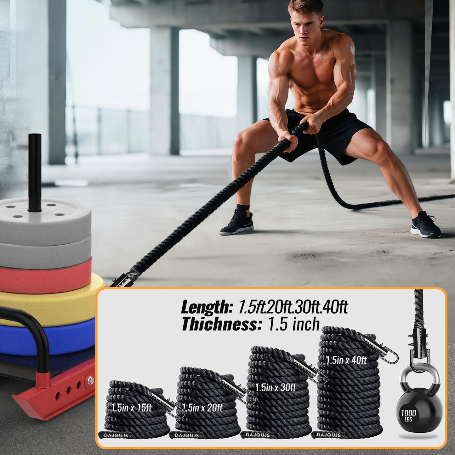 Keepark Weight Workout Sled Pulling Rope - Heavy Duty Workout Rope for Weight Sled, Tire Drag, Football Training - Fitness Resistance Exercise Equipment for Men & Women - 1.5 Inch x 15FT