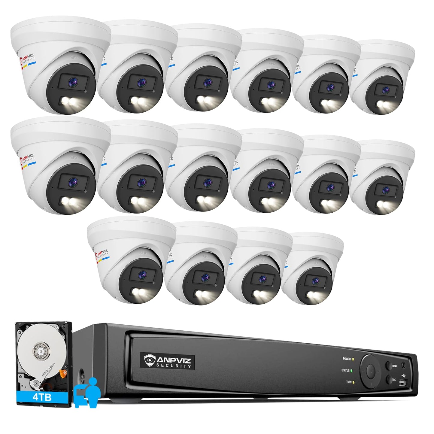 Anpviz 16 Channel NVR PoE Security Camera System,16x 5MP Turret Wired Cameras, Smart Color Night Vision, Human Vehicle Detection, 12MP/4K 16CH Commercial NVR 4TB HDD, Metal for Businesses (H Series)