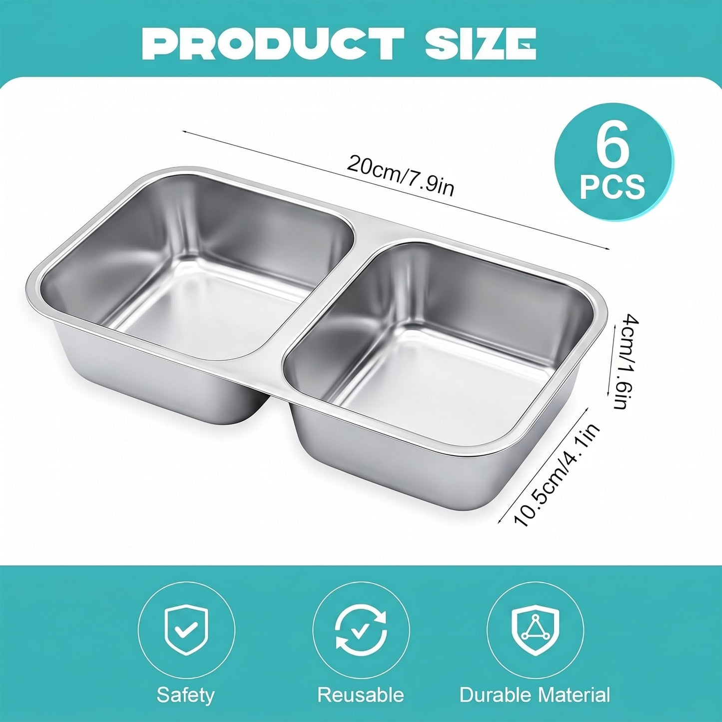BSTUR 6 Pack Stainless Steel Snack Containers, 2 Compartment Reusable Metal Snack Boxes Containers with Leak-Proof Lids, Compact Lunch Box Food Storage Container