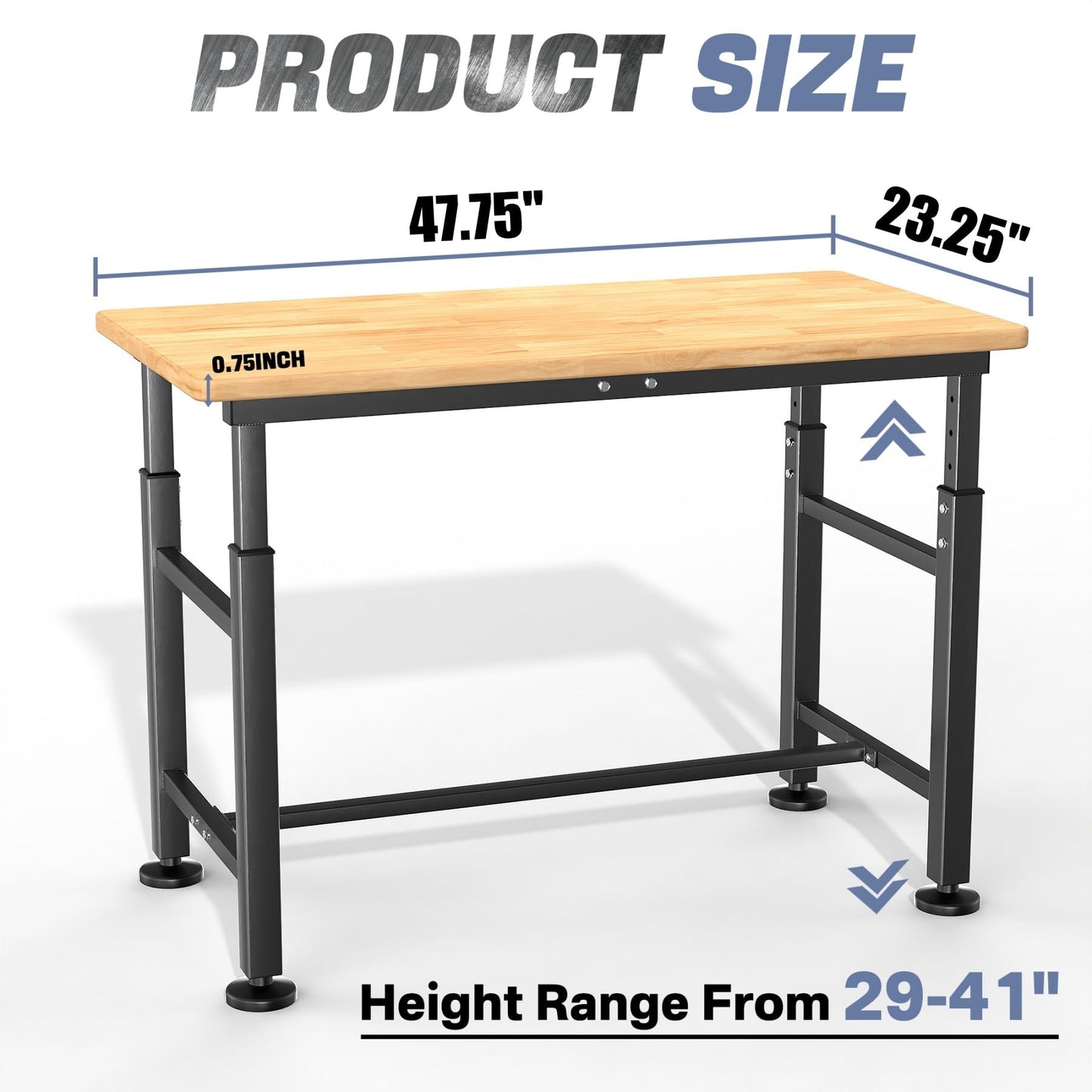 WALMANN Heavy Duty Adjustable Height Workbench 47.75" x 23.25", Rubber Wood Top Work Table for Garage, Workshop, 2000 lbs Load Capacity