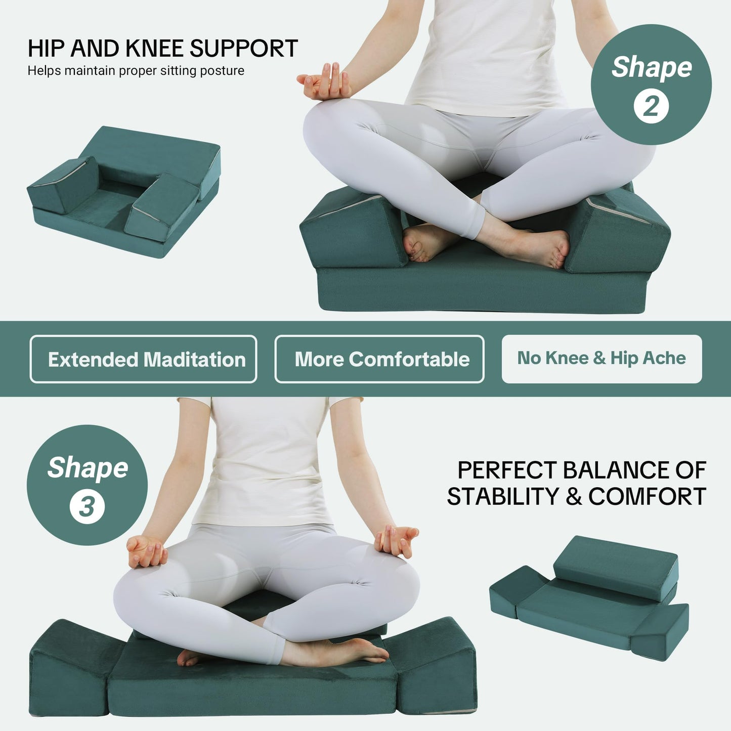 HOMBYS Large Meditation Cushion Foam Meditation Pillows for Sitting on Floor, Yoga Pillow for Adult, Meditation Mat with 2 Knee Cushions and Hip Support-3 Shapes for Different People (Green)