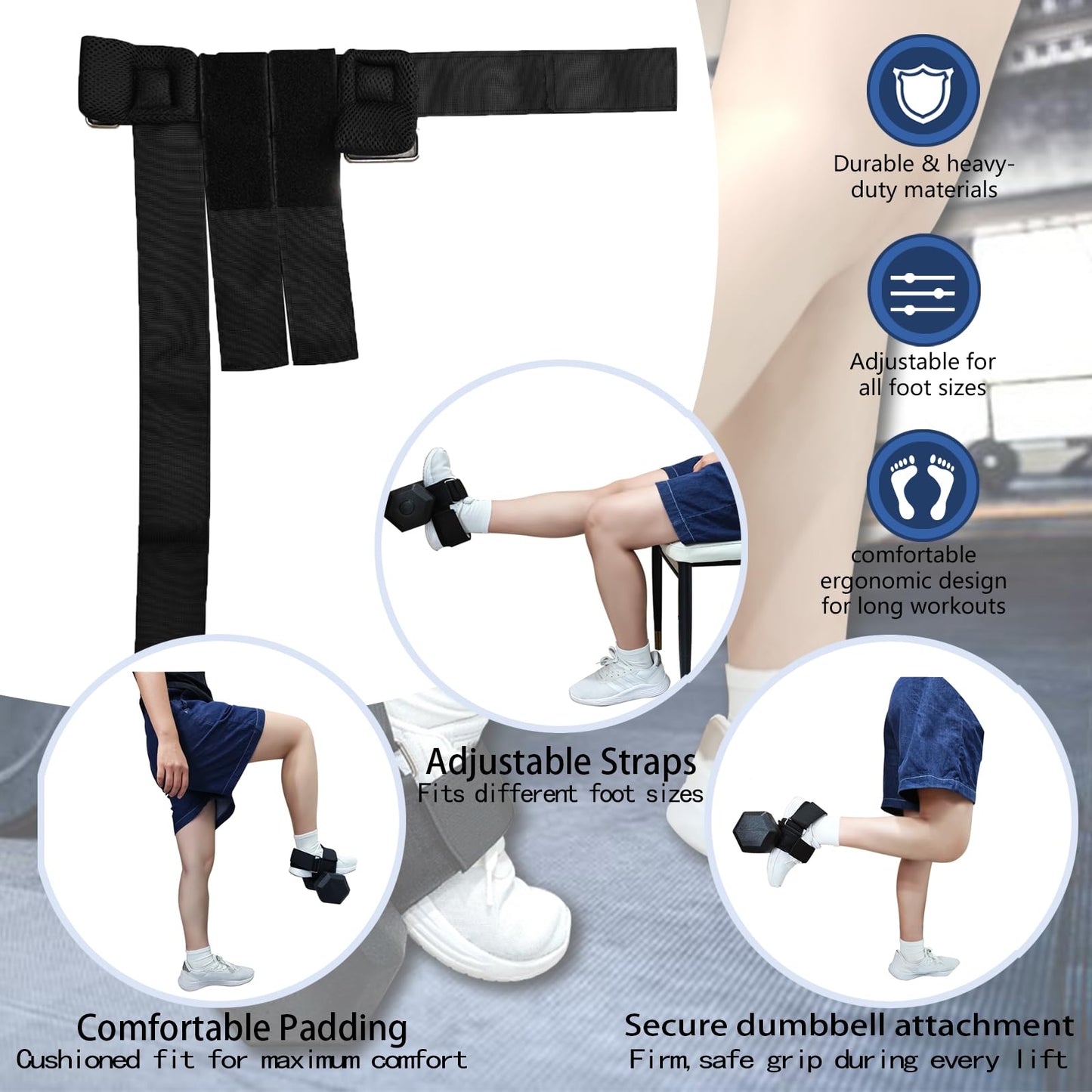 Dumbbell Foot Attachment, Ankle Strap for Dumbbell, Hamstring Curl, Foot Weights for Exercise, Leg extensions, Portable Leg Workout Fitness Accessory, Adjustable Leg Weights