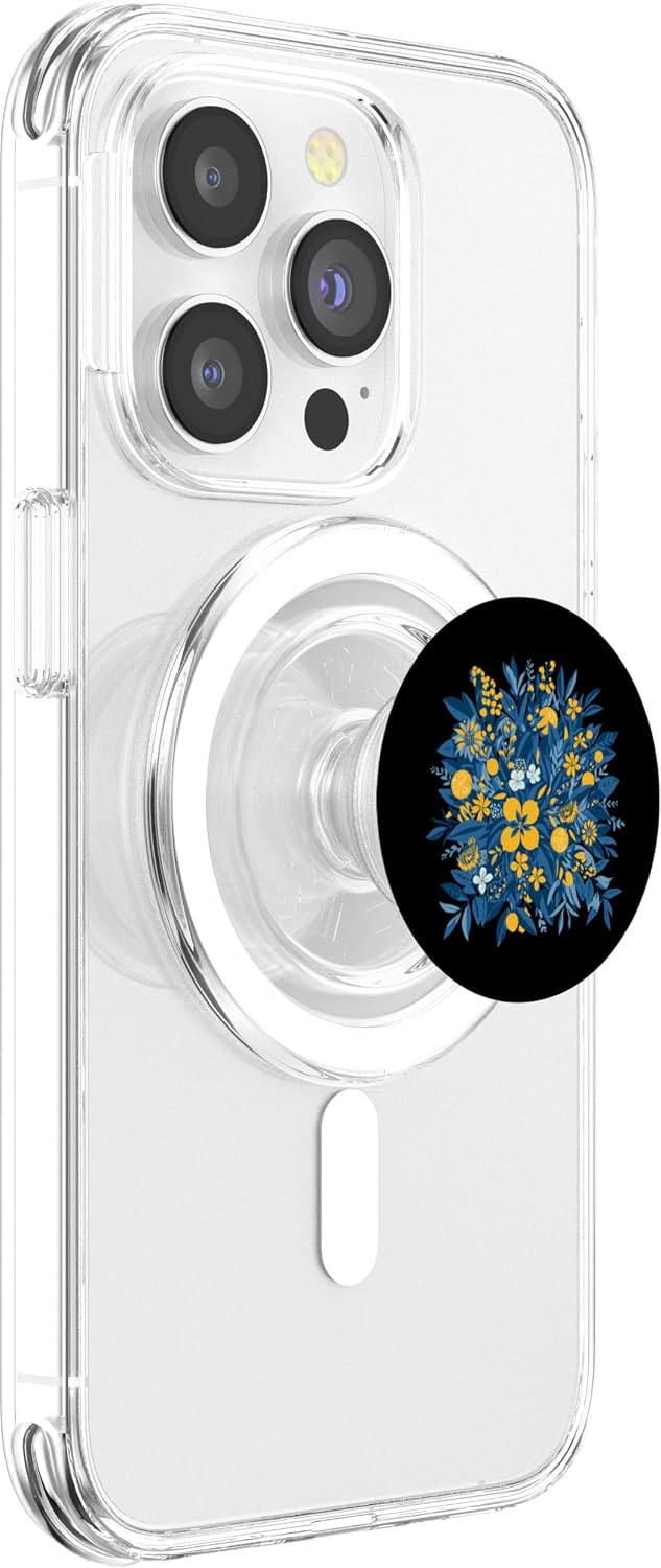 Botanical Citrus Floral Garden Pattern Lemon Citrus Blue Floral Botanical Bouquet PopSockets PopGrip for MagSafe