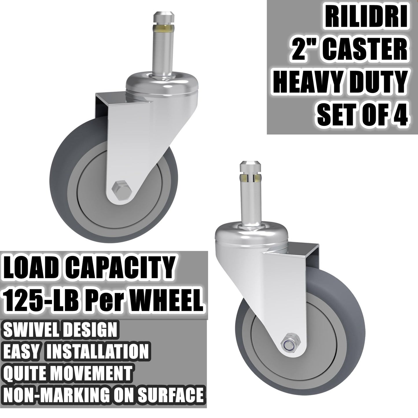RILIDRI 2-Inch Swivel Stem Caster, 7/16-Inch Stem Diameter Rubber Wheel, Thermoplastic Rubber TPR Replacement Wheels for Weber Grill Shop Vac - 4 Pack