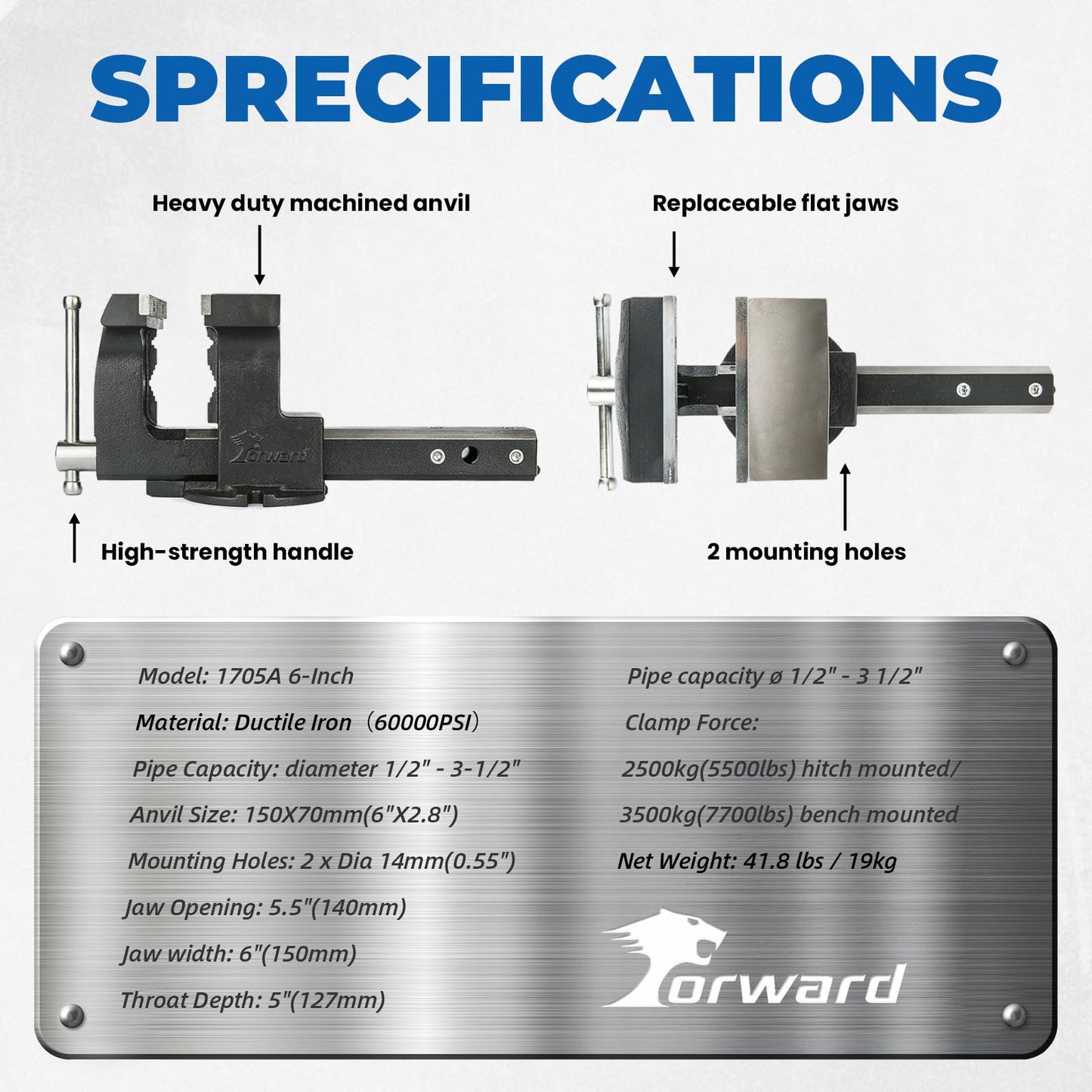 Forward 1705A 6-Inch Hitch Vise Truck Bench Vise Mount Trailer Fits 2" Hitch Receiver