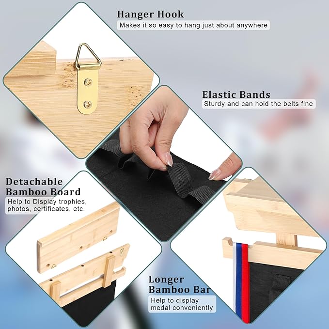 JUXYES Wall Hanging Martial Arts Belts Organizer with Trophy and Medal Display Rack, Bamboo Karate Belt Display Holder Rack, Wall Mounted Taekwondo Belt Display Holder for Martial Arts Learners