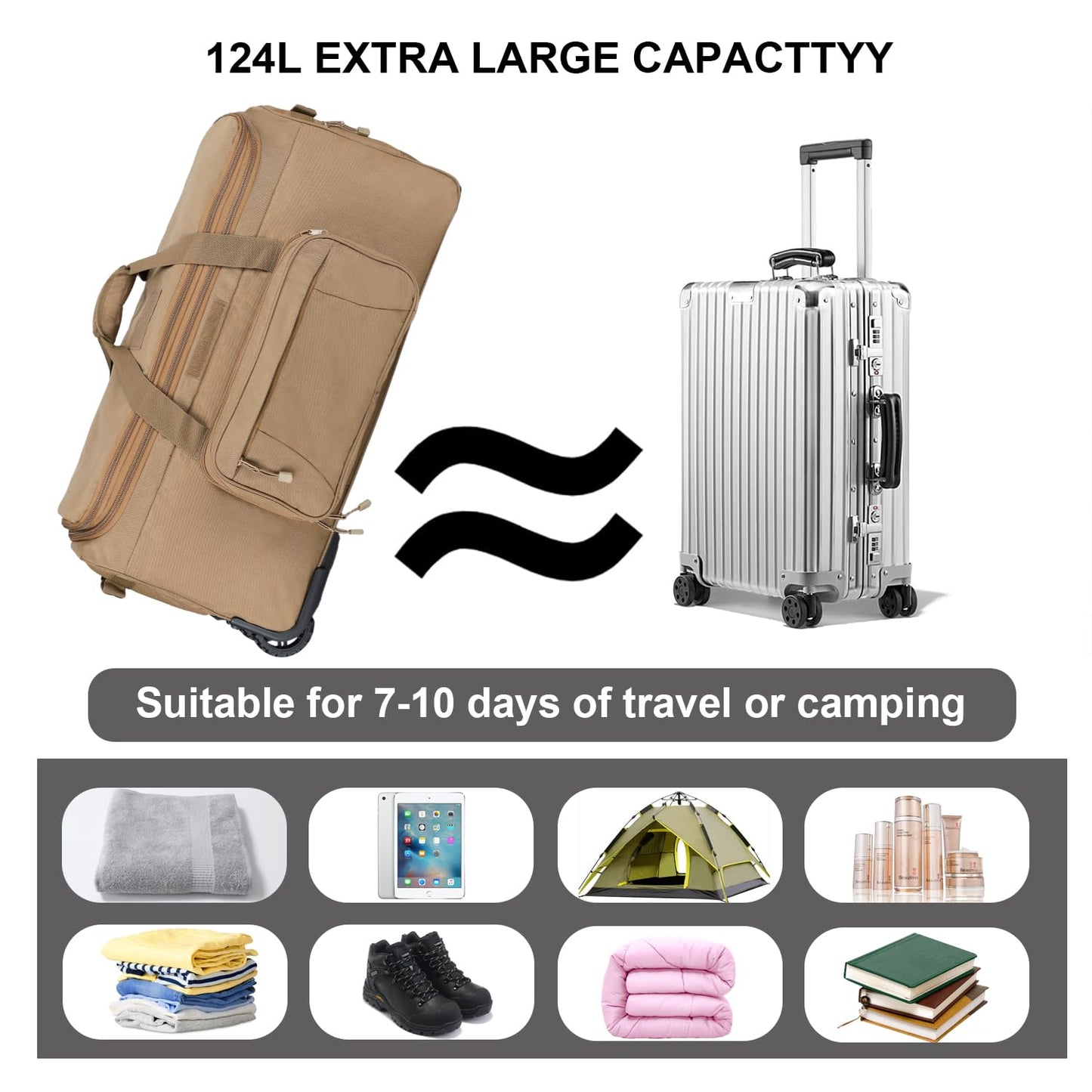 Military Wheeled Deployment Bag Large Tactical Heavy Duty Duffel Bag for Camping Hiking (Tan)