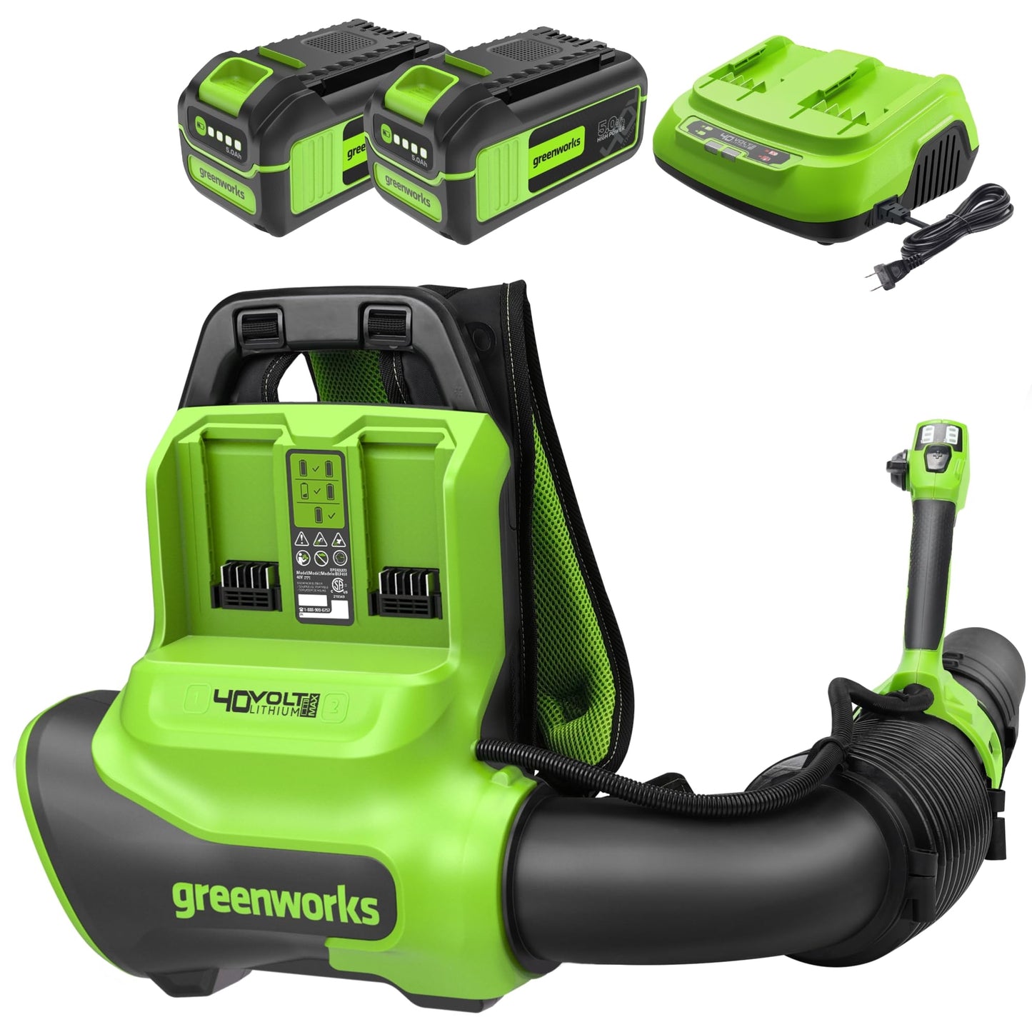 Greenworks 40V (710 CFM / 175 MPH) Brushless Backpack Blower, High Power for Wet Leaves, Heavy Debris, Gravel and Driveway Snow, Includes (2) 5.0Ah HP Batteries & 4A Dual Charger