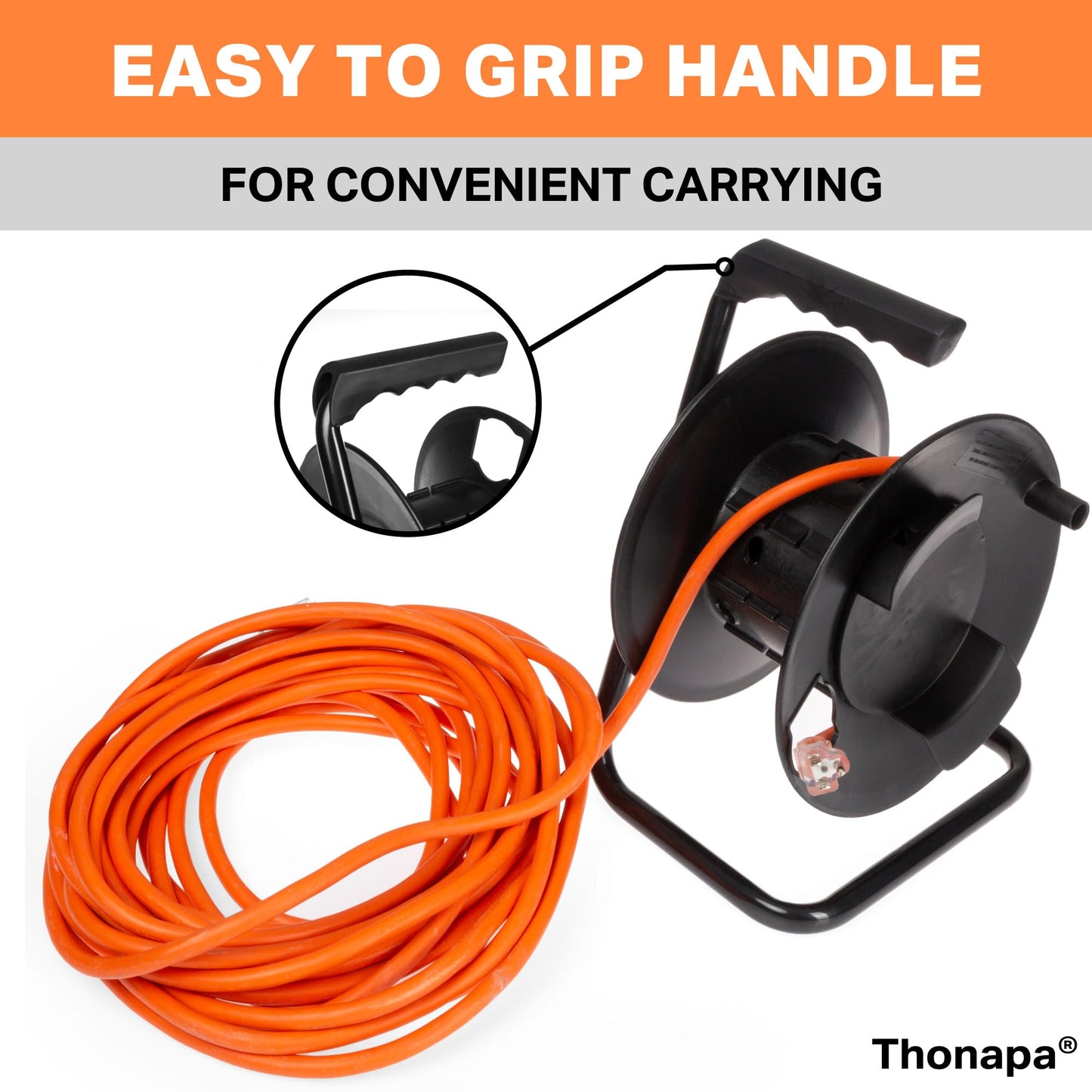 Thonapa Extension Cord Storage Reel, Black - Portable Cable Reel with Metal Stand, Holds Up to 100 Ft of Electrical Cord, Hose, Rope