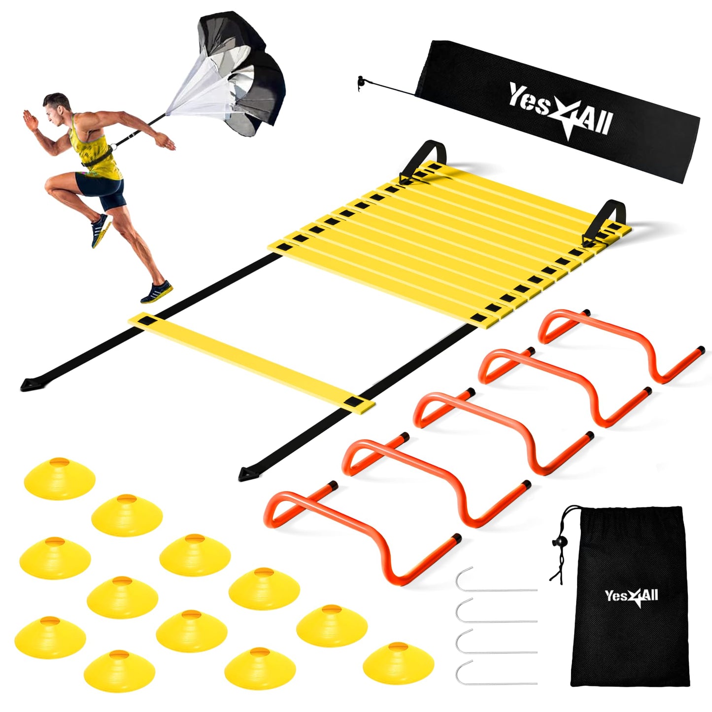 Yes4All Speed Training Equipment Set: 15ft Agility Ladder, Resistance Parachute, 5 Agility Hurdles, 12 Disc Cones with Carry Bag/Strap