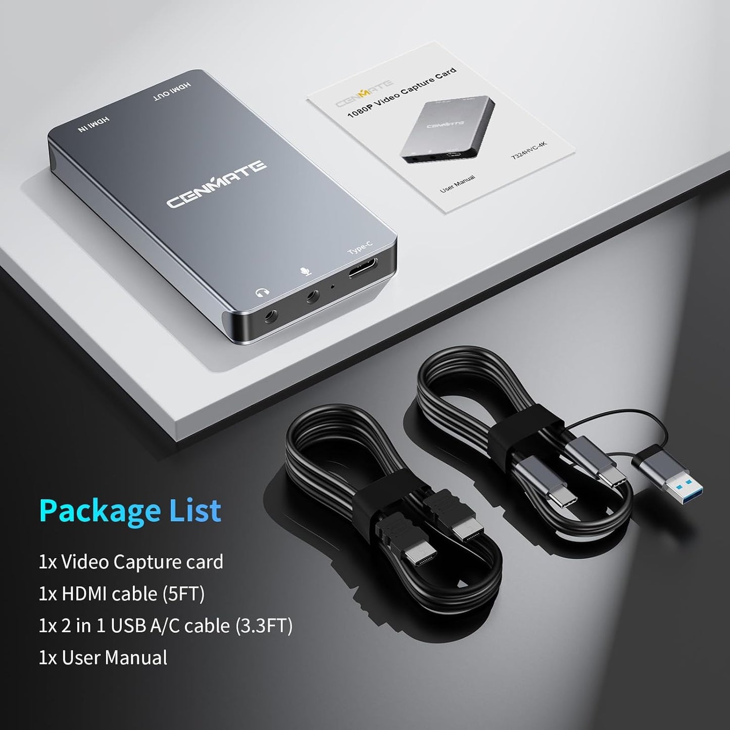 cenmate 3.0 1080P 60FPS 4K@30Hz Switch/PS5/Xbox/Camera/PC Aluminum HDMI Capture Card, USB Audio Video Capture Card
