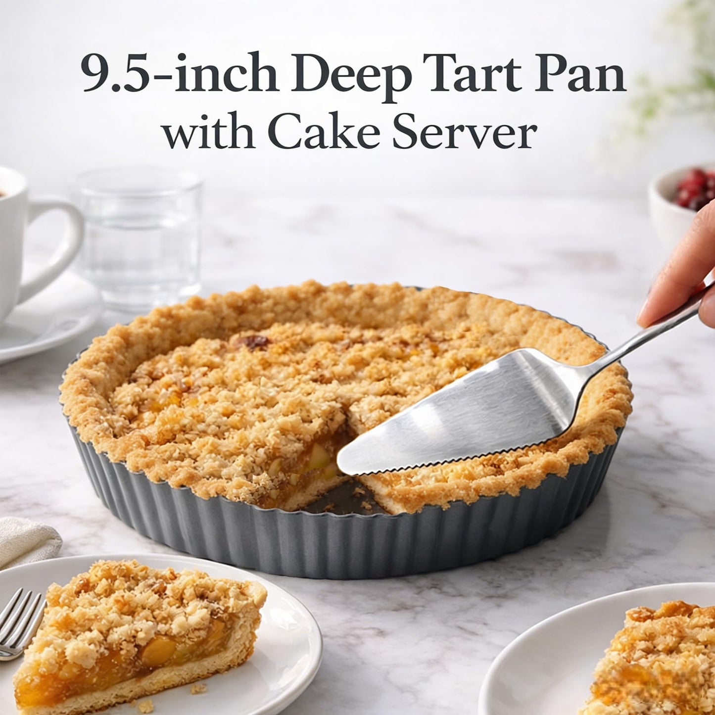 Yamteck 9.5*2.2 Inch Deep Tart Pan w/ Pie Cake Server. Removable Bottom, Non-Stick Coating, Rugged Carbon Steel for Tart Quiche Baking. Gift for Women Wife Christmas Thanksgiving Party Festival Family