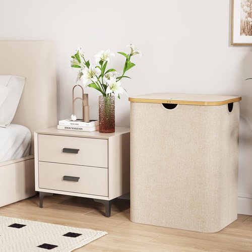 Lifewit 120L Laundry Basket - Foldable Hamper with Lid & Bamboo Handles | Beige, Ideal for Bedroom & Bathroom