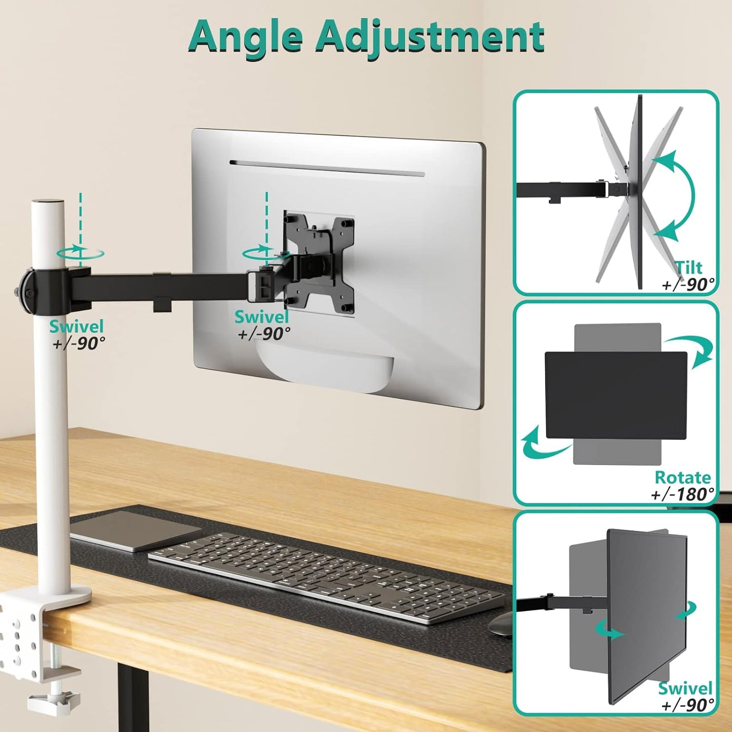 WALI (001ARM), Single Monitor Arm, Fully Adjustable Pole Mount Bracket for Monitor Mounting System Black
