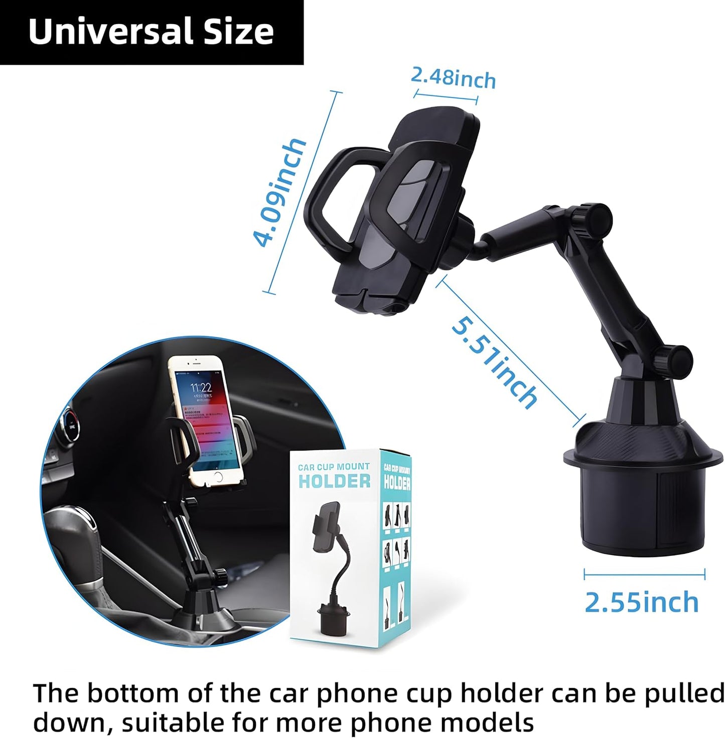 Bokexing 360 Car Cup Holder Phone Mount, Automotive Rotatable Adjustable Gooseneck Height Cell Phone Cradle Mount