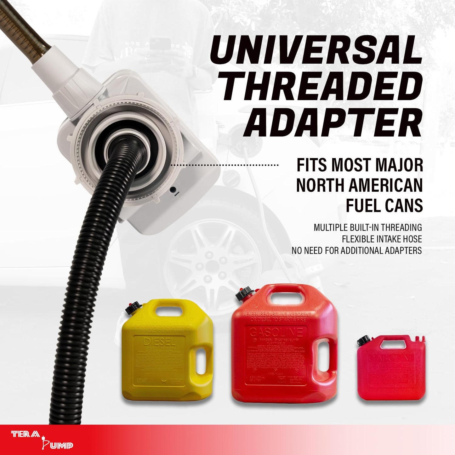 2PK of TERA PUMP 5th Gen TRFA01 Fuel Transfer Pump with Auto-Stop for Overfill Protection (2.7 GPM) Includes a Universal Threaded Adapter, Long Hose, Nozzle Clip for E15, E85, Gas, Diesel & More