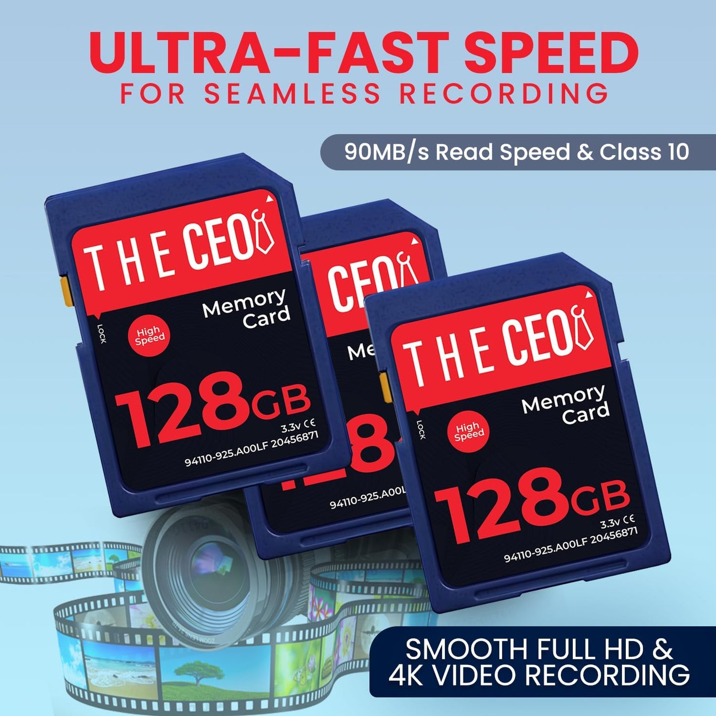 THE CEO 90MB/s 10 128GB Memory Card Ultra SDHC UHS-I High-Speed & Reliable Camera Card - Class for Fast Read/Write