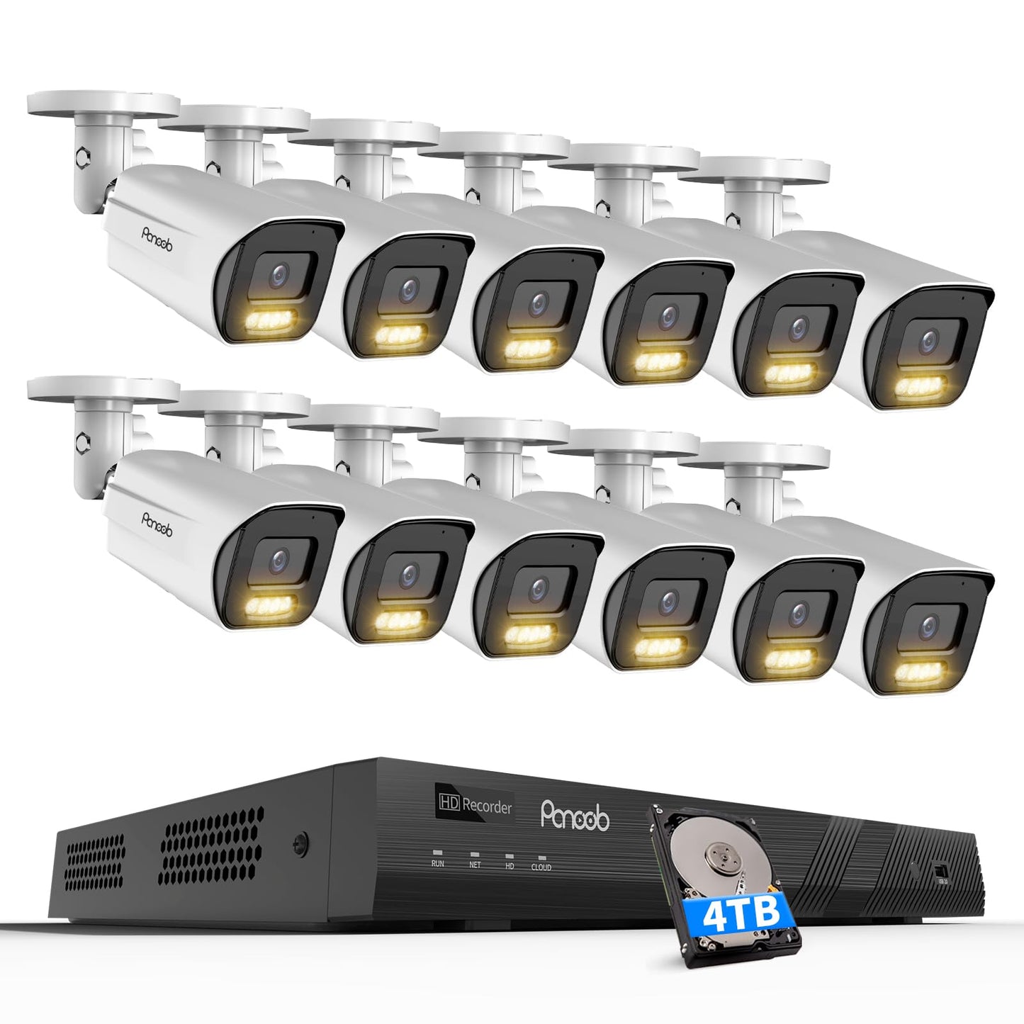 PANOOB 4K Security Camera System 16 Channel 4TB HDD, 12 8MP PoE Commercial IP Bullet Cameras with Spotlight Color Night Vision, 2 Way Audio, AI Human Vehicle Detection, Remote Access, PB65A1216-8MD