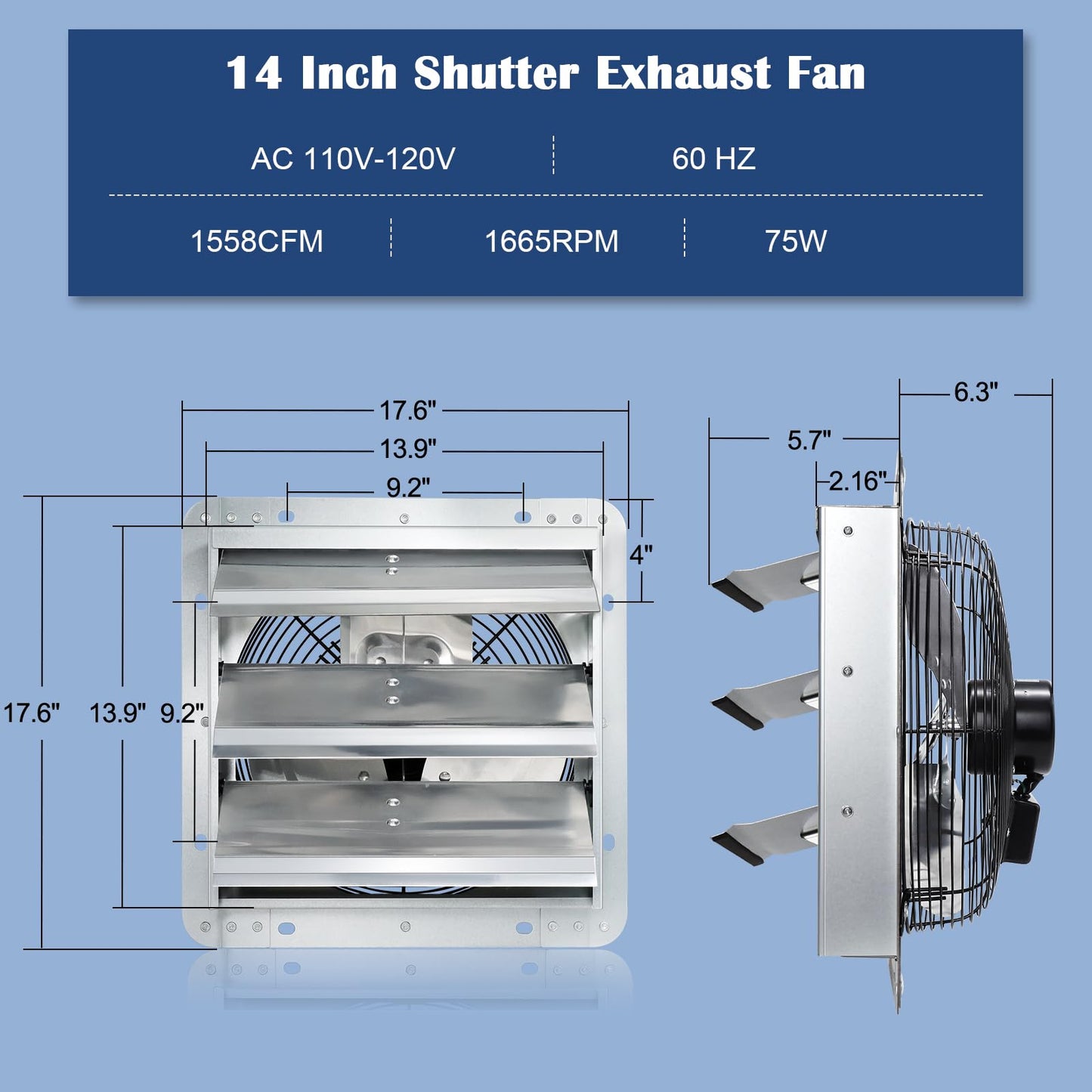 Hiorucet 14'' Shutter Exhaust Fan, High Performance Low Noise Garage Louvered Exhaust Fan Wall Mounted with Thermostat and Speed Controller for Greenhouse, Shop, Attics, Chicken Coop, Shed, Basement.