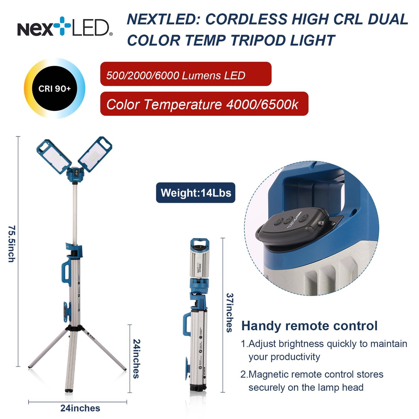 NextLED Ultimate NT-6926M Heavy Duty Tripod Work Light with Detachable Magnetic Lamp Head, 6000 Lumen, 6500/4500K Color Temperature, 8000 mAh Built-in Battery, CRI 90+, AC/DC Compitable
