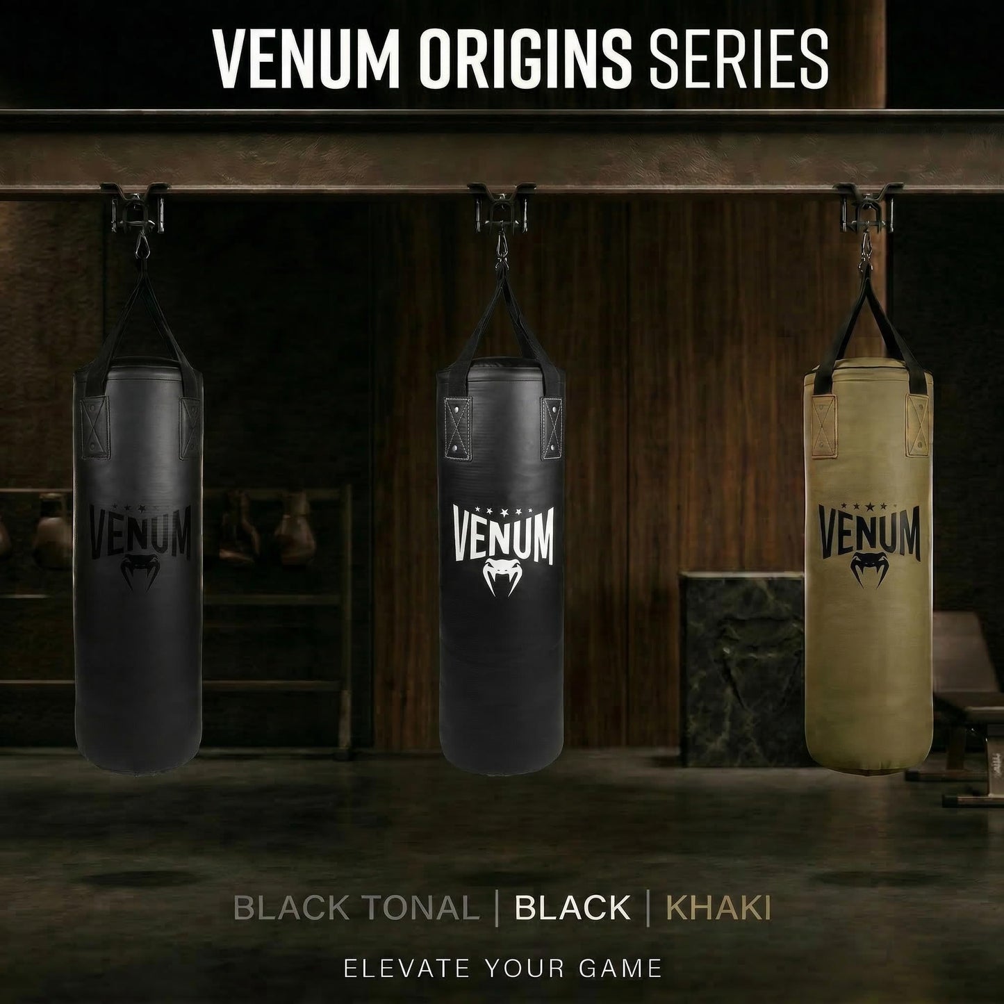 Venum Origins Punching Bag (Ceiling Mount Included) - Black/Black, 70 lbs