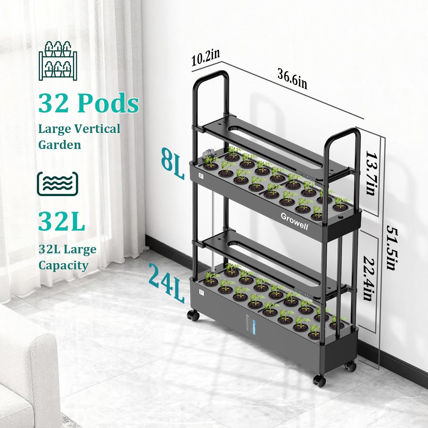 Growell Large Basket Hydroponics Growing System Kit, 32 Pods Vertical Hydroponic Garden with 2 Grow Light Modes, Auto Circulating Water System, 32L Indoor Gardening System for Herb Vegetable Fruit