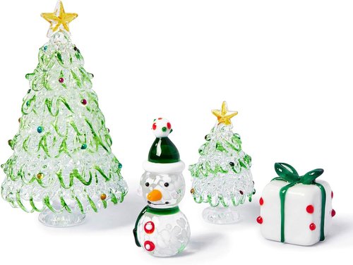 HDCRYSTALGIFTS Mini Blown Glass Christmas Figurines - Set of 4 Festive Ornaments for Holiday Decor