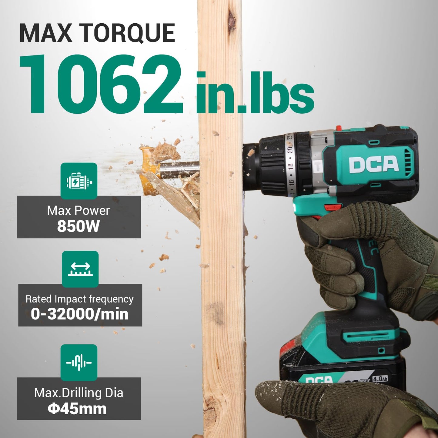 DCA 20V Brushless Hammer Drill, 1062 in.lbs Torque Impact Drill, 1/2" Keyless All-Metal Chuck, 24+1+1 Clutch, 32000 IPM, Heavy-duty Cordless Drill Kit with 4.0Ah Battery for Brick Wall, Metal, Wood