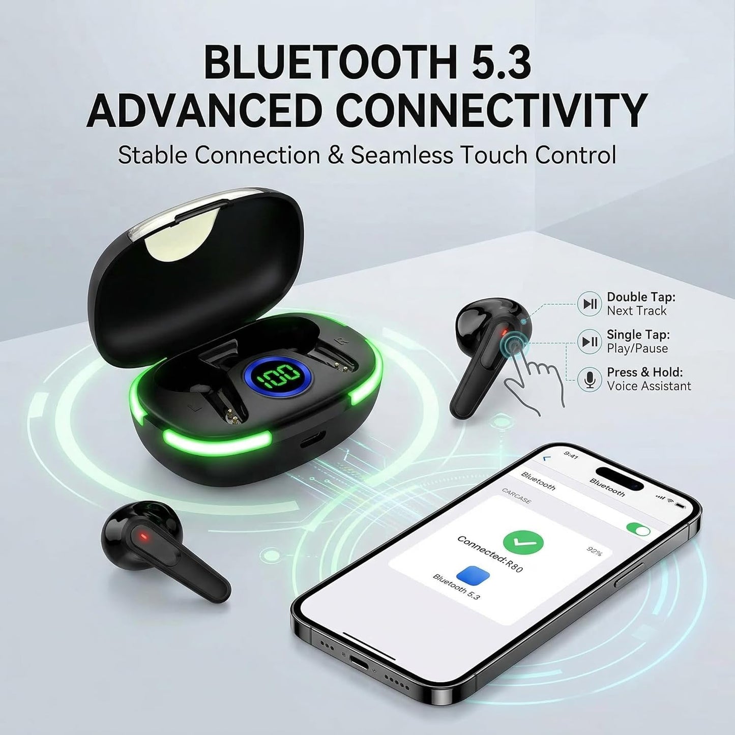BSWLMDD 5.3, 20-Hour Wireless Bluetooth Earbuds, Bluetooth Battery Life, Hi-Fi Stereo Sound, LED Digital Display