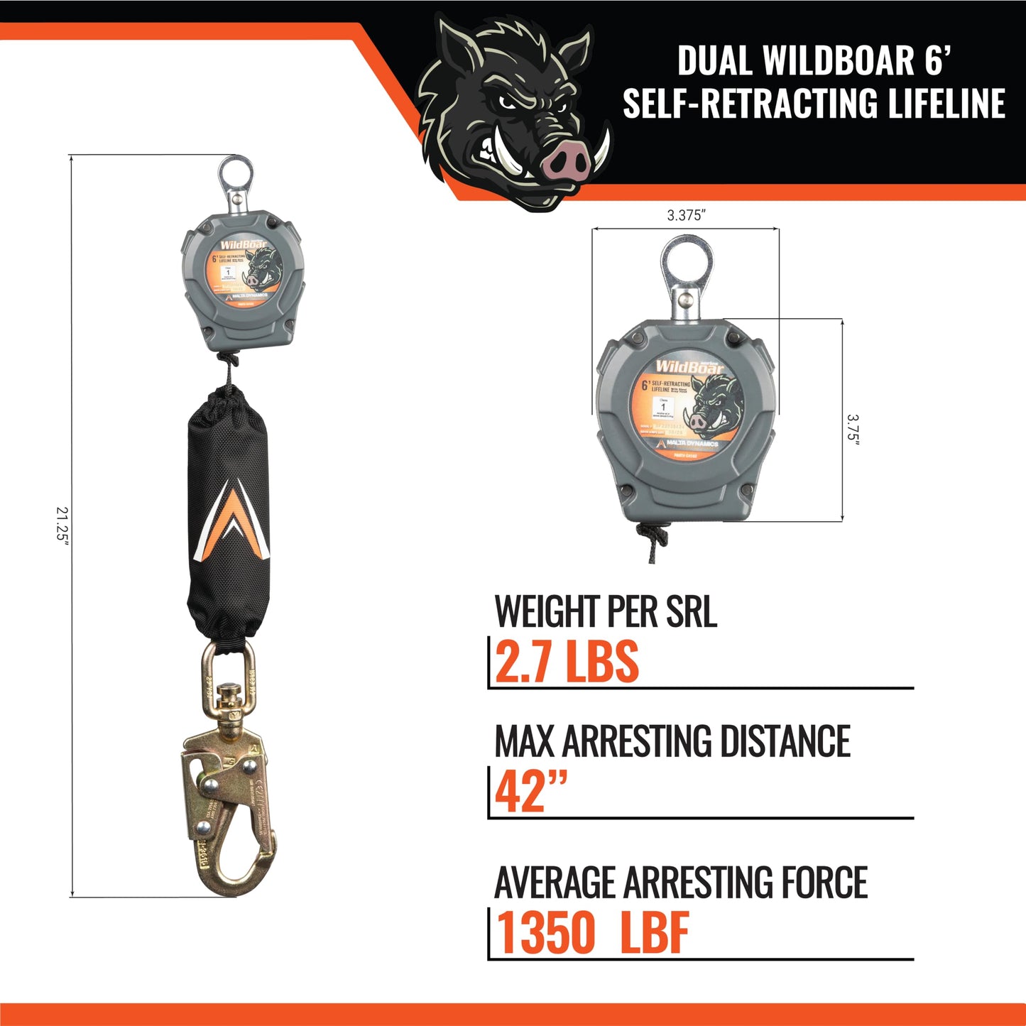 Malta Dynamics Wild Boar 6’ Dual Self Retracting Lifeline – SRL Fall Protection Lanyard with Steel Snap Hook for Construction Site Safety, OSHA and ANSI Compliant