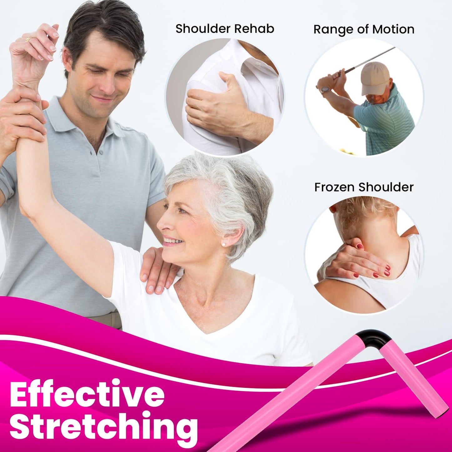 RangeMaster ShoulderWand Therapy Stretching Tool│Collapsible Stretching Bar│Physical Therapy Tool for Recovery and Increasing Motion (Pink)