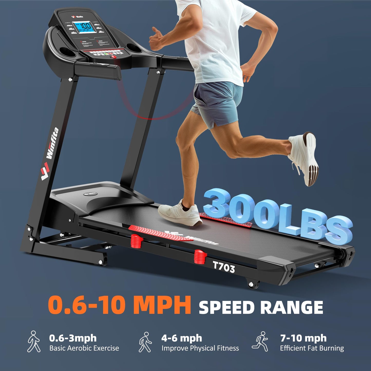 Winfita 4.0 HP Folding Treadmill with 15% Auto Incline (8.5°), 10 MPH Speed, 300 lb Capacity, 50" x 18" Belt, App Connectivity, Pause Function, 64 Preset Programs, BMI Detector for Home Use