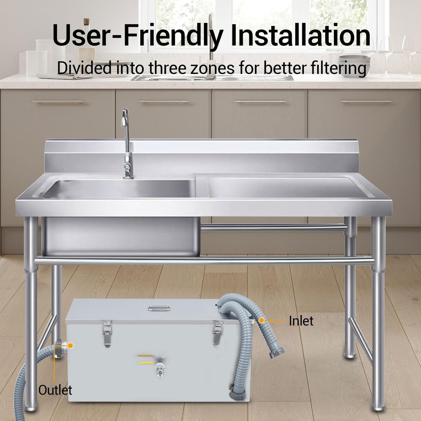 Commercial Grease Trap - 25 Lbs Stainless Steel Grease Interceptor, Side Inlet Interceptor, 13 Gpm Oil-Water Separator, Under Sink Grease Trap, for Restaurant Canteen Kitchen