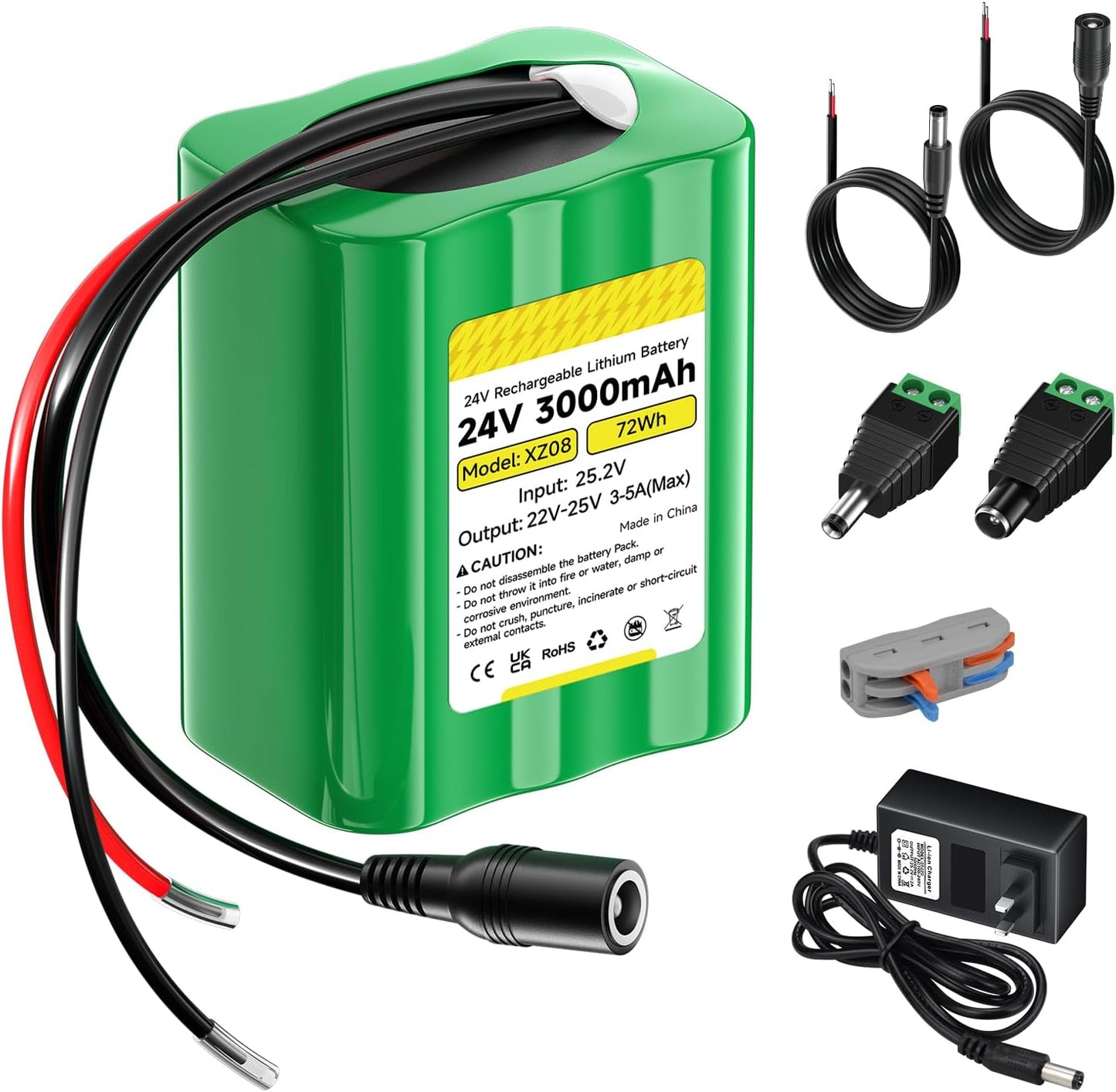 CITYORK 24V 3000mAh 24 Lithium Battery with Charger, Bare Leads, Volt Rechargeable Battery Compatible with DIY Project