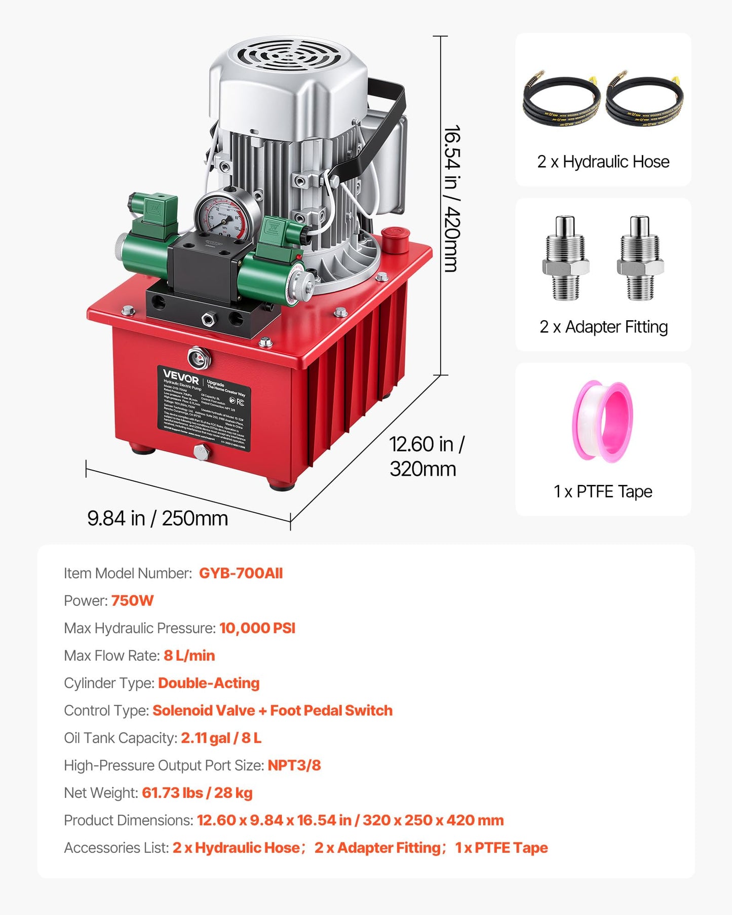 VEVOR Electric Driven Hydraulic Pump, 750W 10,000 PSI, 120V Double Acting Hydraulic Pump Power Pack Unit, Solenoid Valve with Pedal Switch, 2.1 Gal / 8L, for Punching, Bending, Double Acting Cylinders