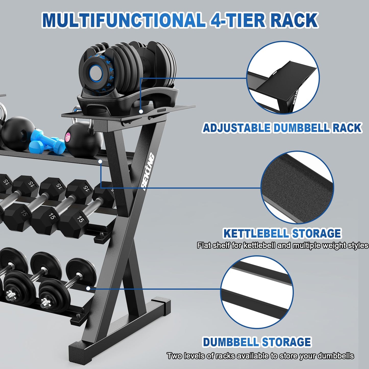 BEKING Dumbbell Rack, 4 Tier Weight Storage Rack for Dumbbells, Kettlebells, Adjustable Dumbbell Stand Multilevel Free Weight Organizer for Home Gym Fitness