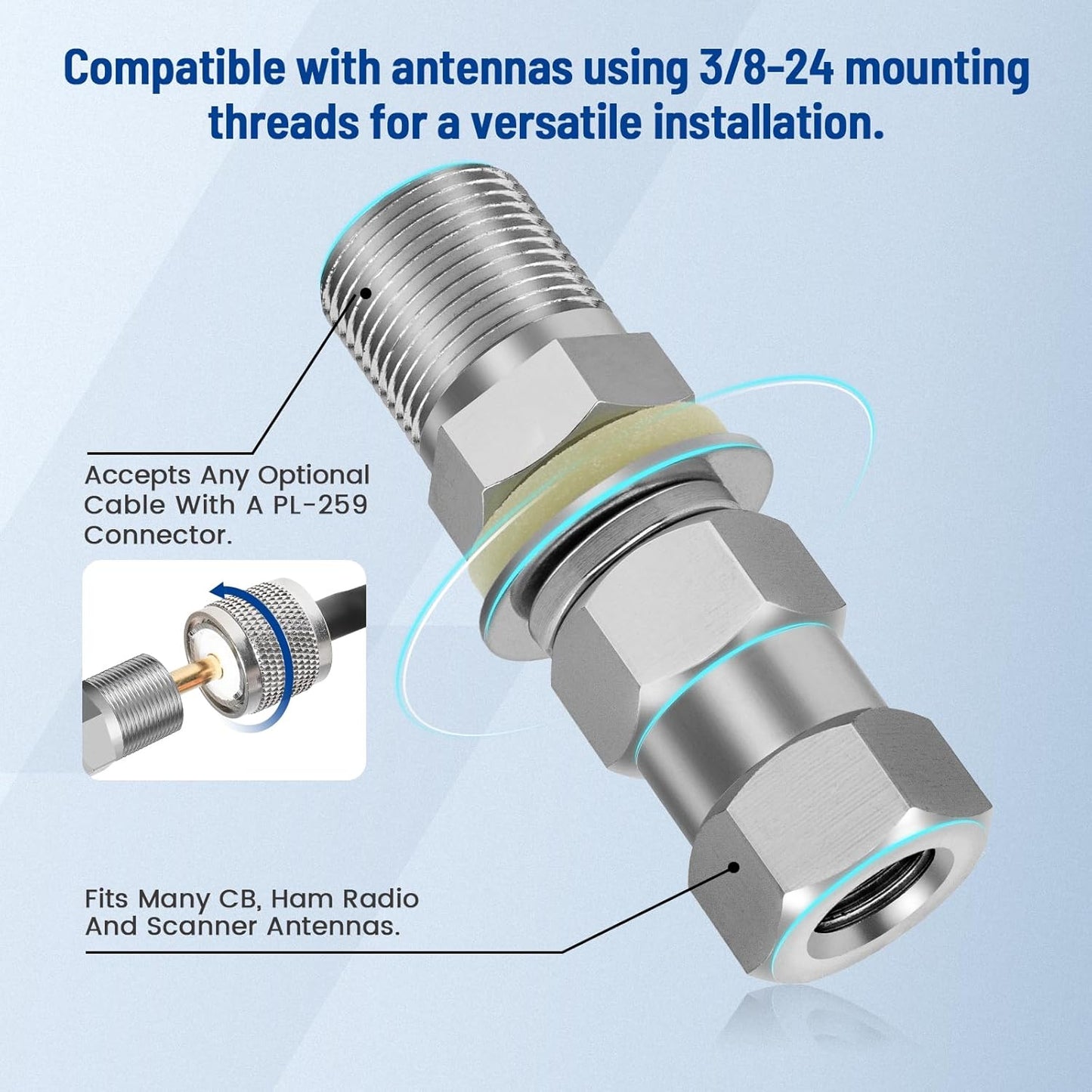 Anina 2pc SO-239 3/8 24 CB Radio Antenna Stub Mount Heavy Duty Stud Mount for CB Radio Antenna Standard X Threaded