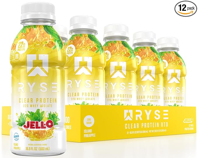 RYSE Clear Protein Shake - Jell-O Island Pineapple - 100 Calories, 22g Whey Isolate Protein, Sugar-Free, 0g Fat & Lactose-Free - Refreshing Ready-to-Drink Beverage - 16.9 fl oz Bottles (12-Pack)