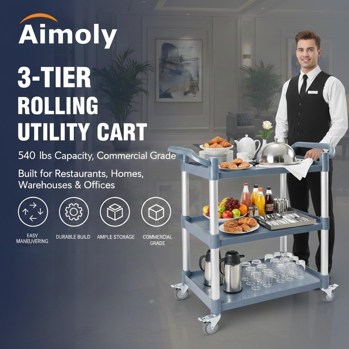 Aimoly 3-Tier Rolling Utility Cart on Wheels, 540 lbs Capacity Utility Service Cart, Commercial Kitchen Cart with 4 Lockable Swivel Casters for Restaurant/Home/Warehouse/Office (40x 19.41x 38.58 in)