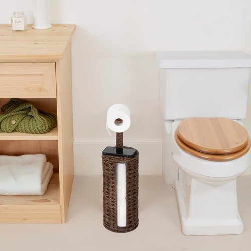 GRANNY SAYS Wicker Freestanding Toilet Paper Holder Stand with Storage, Modern Covered Toilet Paper Stand for 4 Rolls with Shelf for Wet Wipes, Tissue Holder for Bathroom Decor and RV, Brown